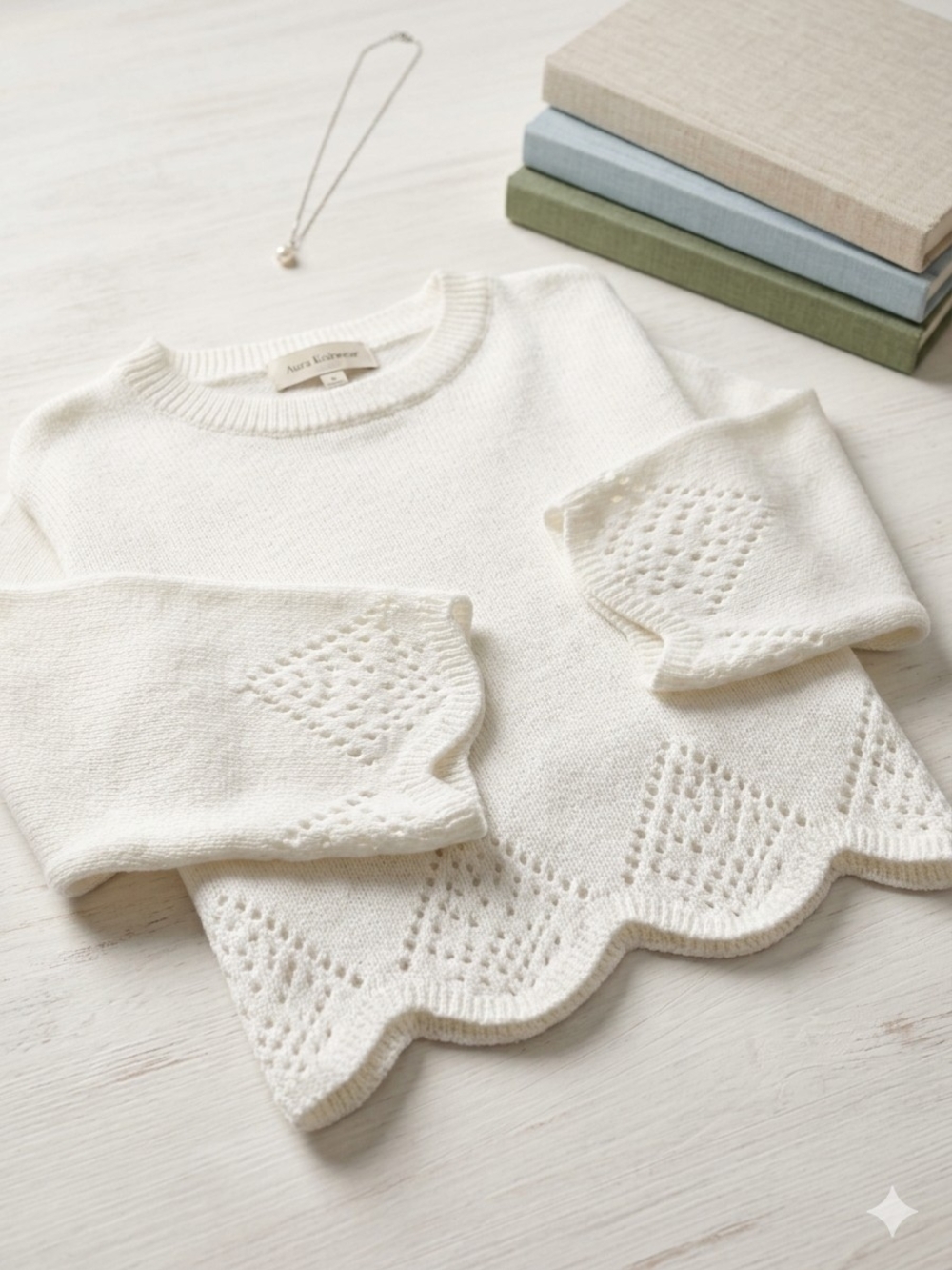 SHEIN Cream Scalloped Edge Crewneck Sweater